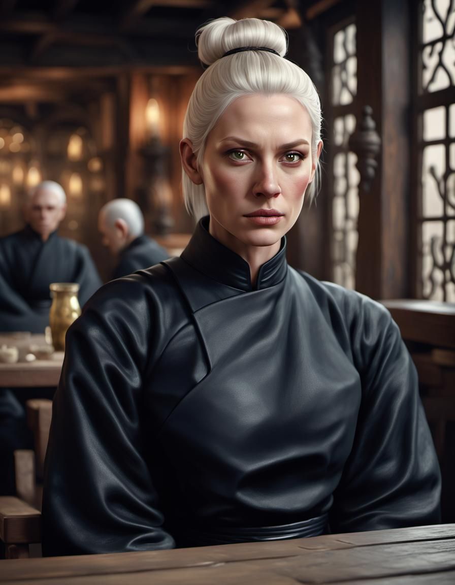 Stern Woman in Tavern: Detailed Matte Painting