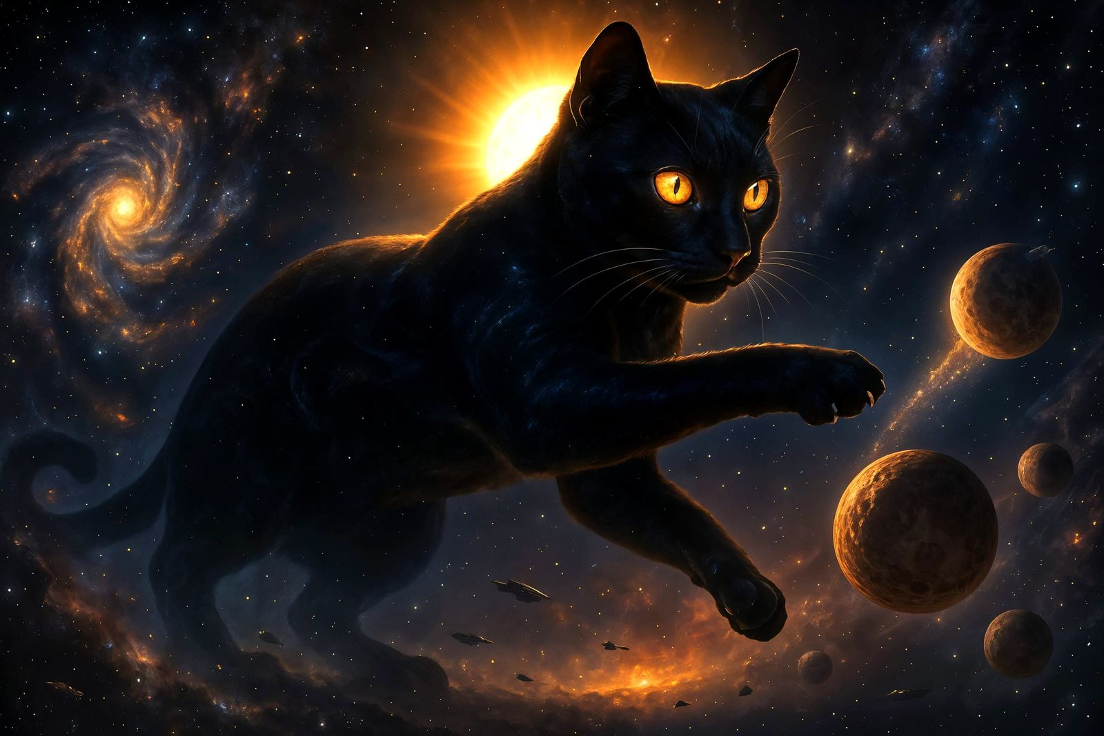 Cosmic Cat Batting Planets in Star-Dusted Galaxy
