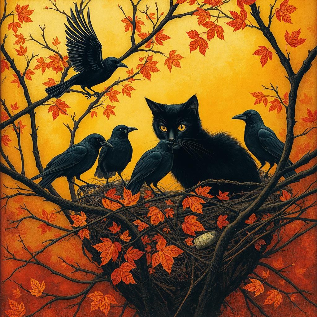 Black Cat and Crows in Mystical Autumn Bush