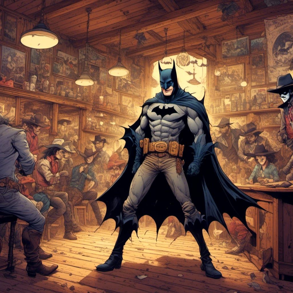 Batman vs Joker in Western Saloon, Vintage Cartoon