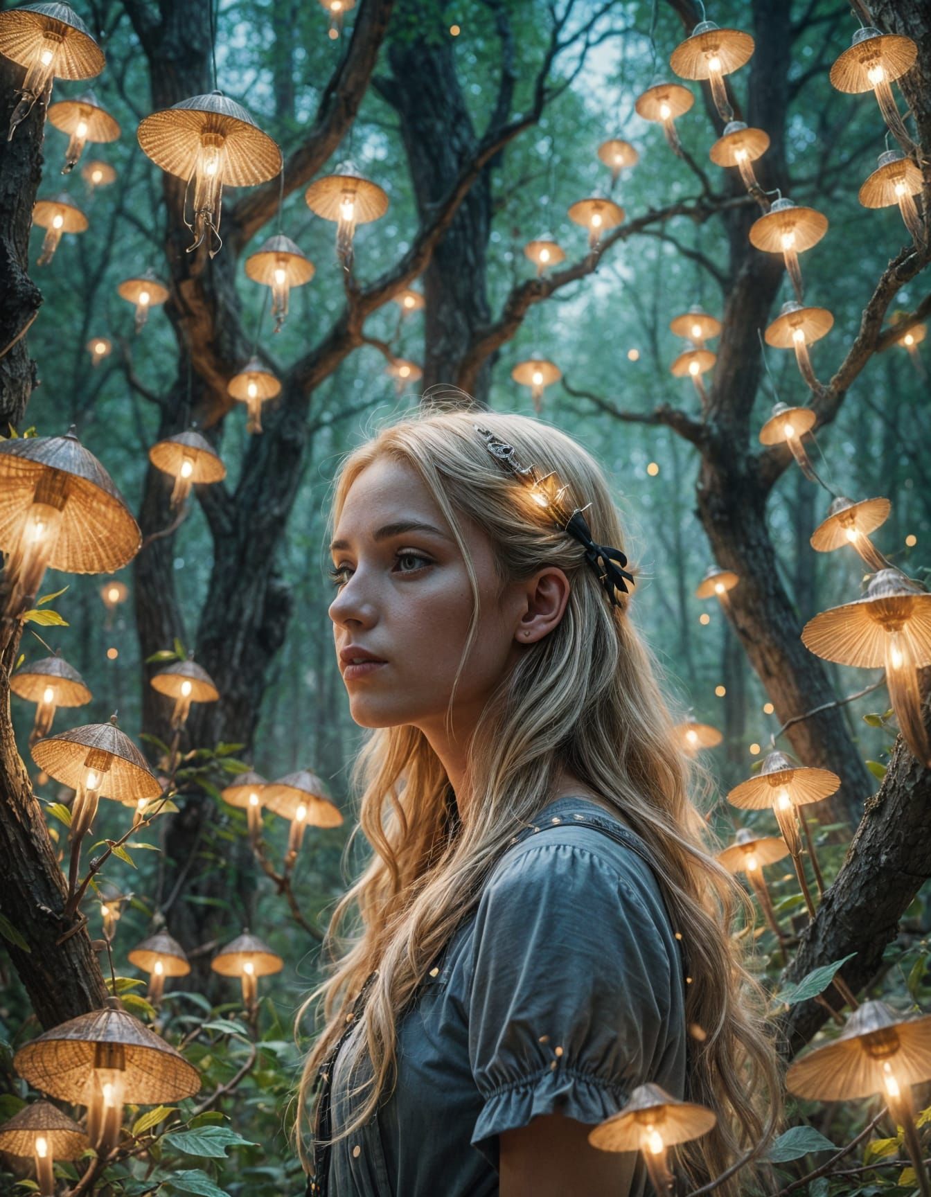 Enchanted Forest: Blonde Girl Amidst Mystery