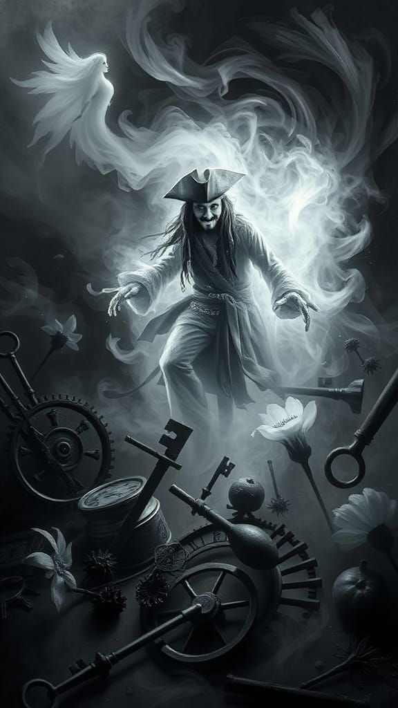 Surreal ghost of Jack Sparrow celebrating Halloween rayograph Man Ray collection of random b&W objects, light reflect...