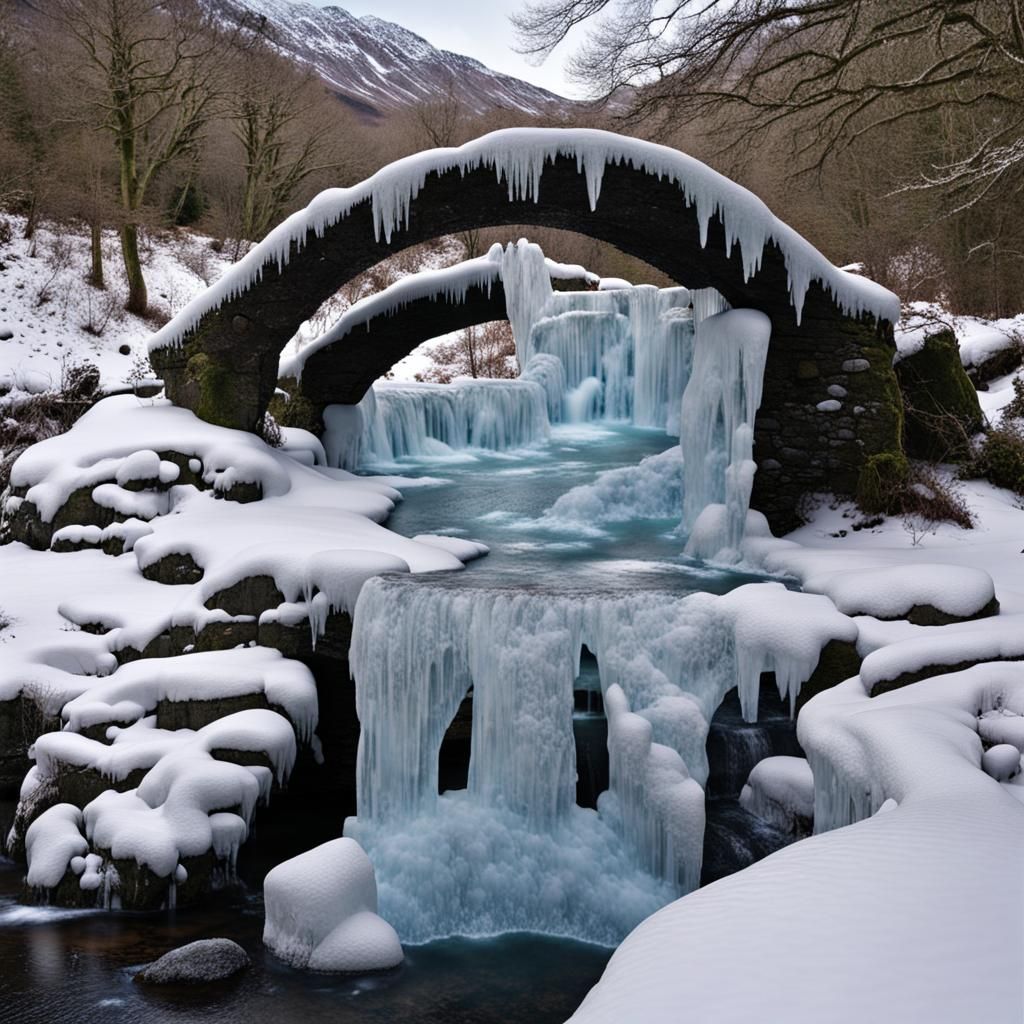 Ice Sculpture of Fairy Bridge with Waterfall
