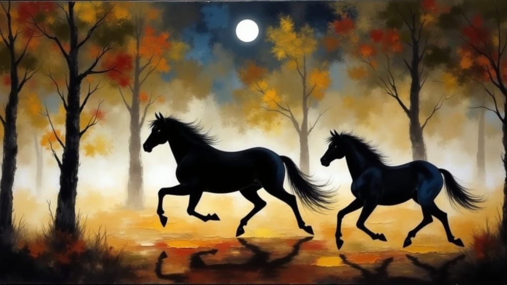 Black Stallion Runs Through Autumn Forest in Expressionist S...