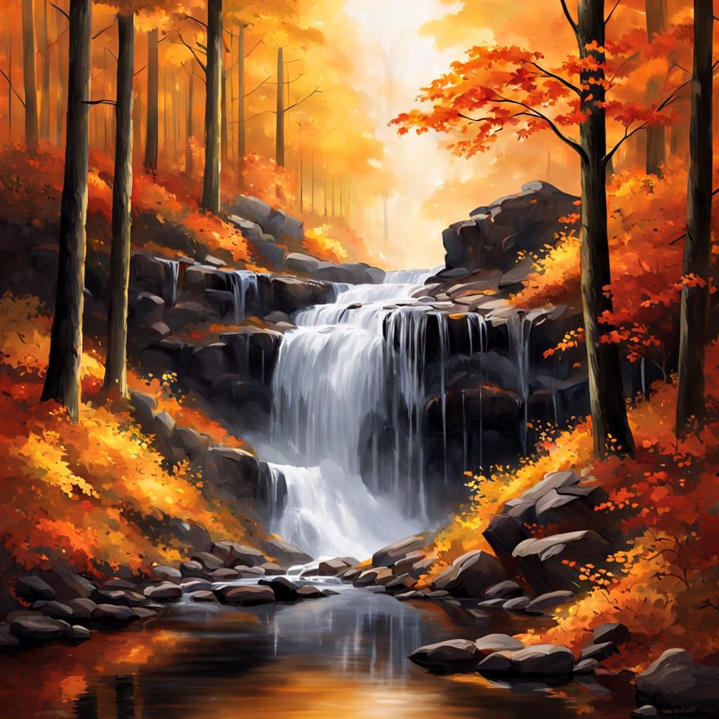 Hidden Waterfall Amidst Glowing Autumn Forest