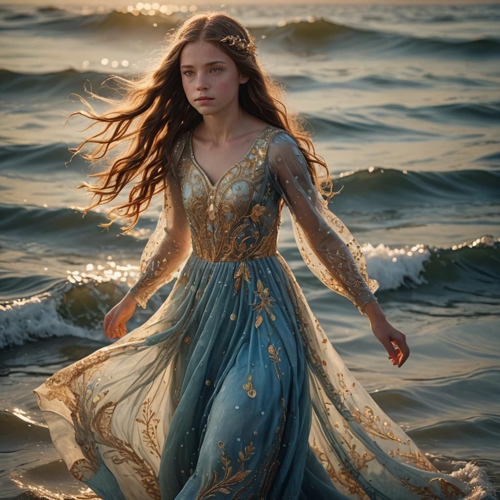 Girl Walking on Water in Hyper-Realistic Style