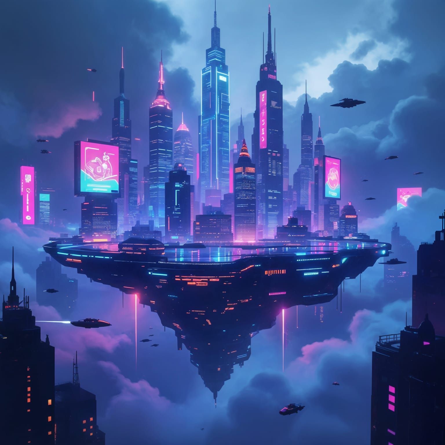 Futuristic Cyberpunk Floating Island with Neon Skyscrapers