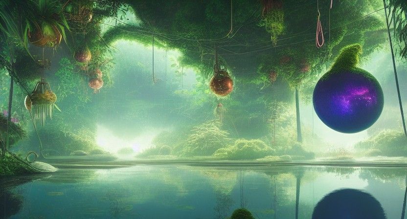 Spherical Greenhouse Over Mercury River in Synthwave Style