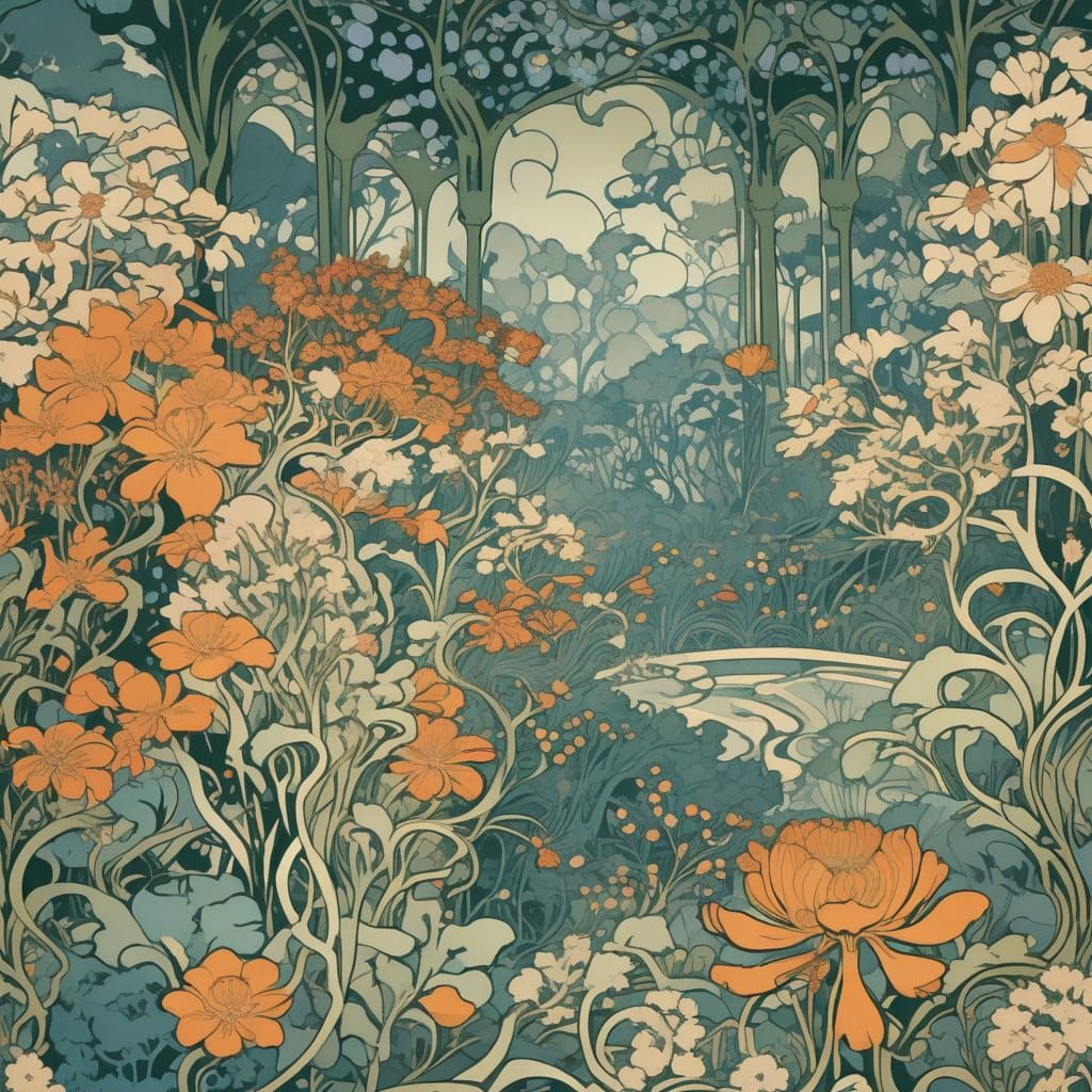 Art Nouveau Blooming Garden with Flowing Organic Forms