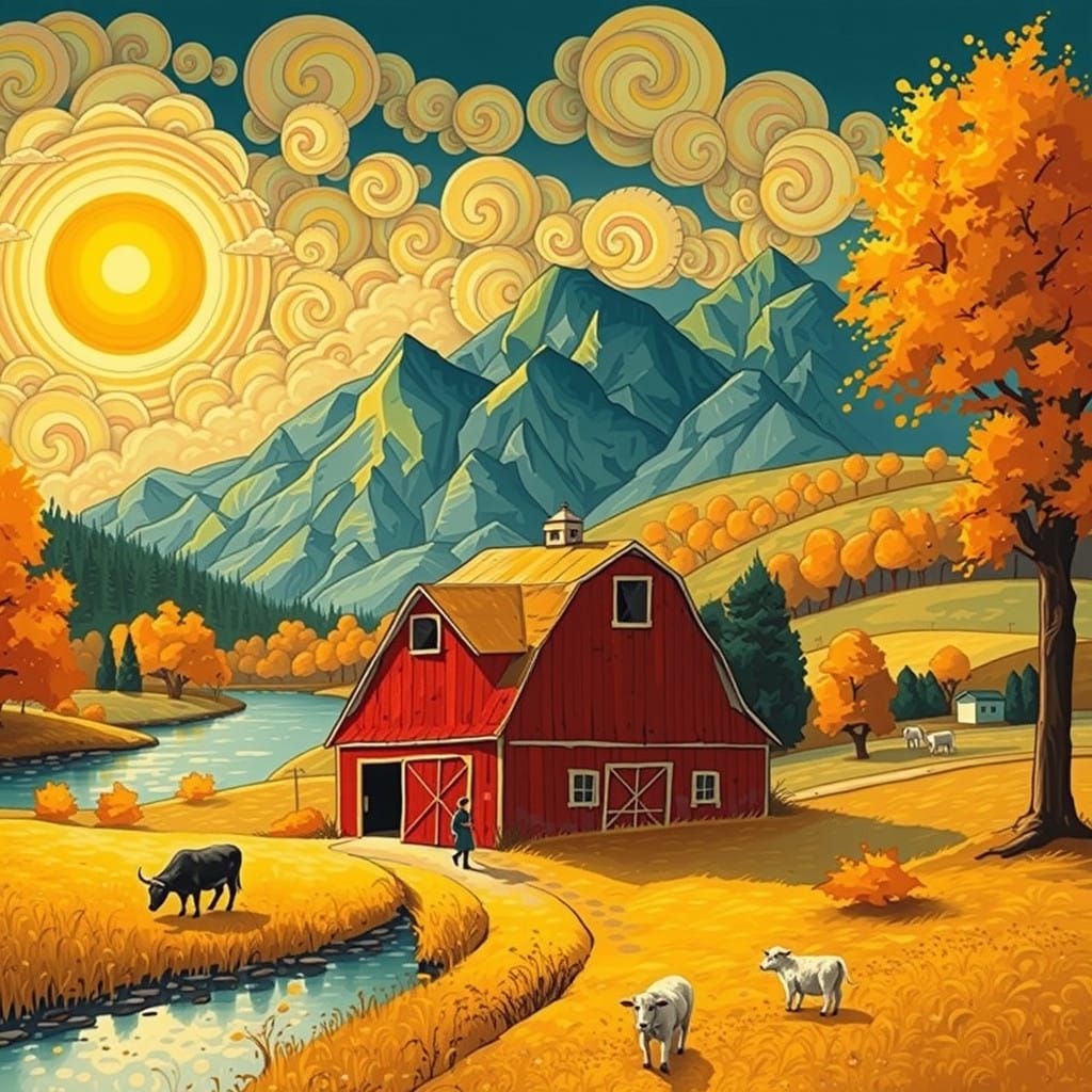 Serene Canaletto-Inspired Rural Landscape with Vibrant Autum...
