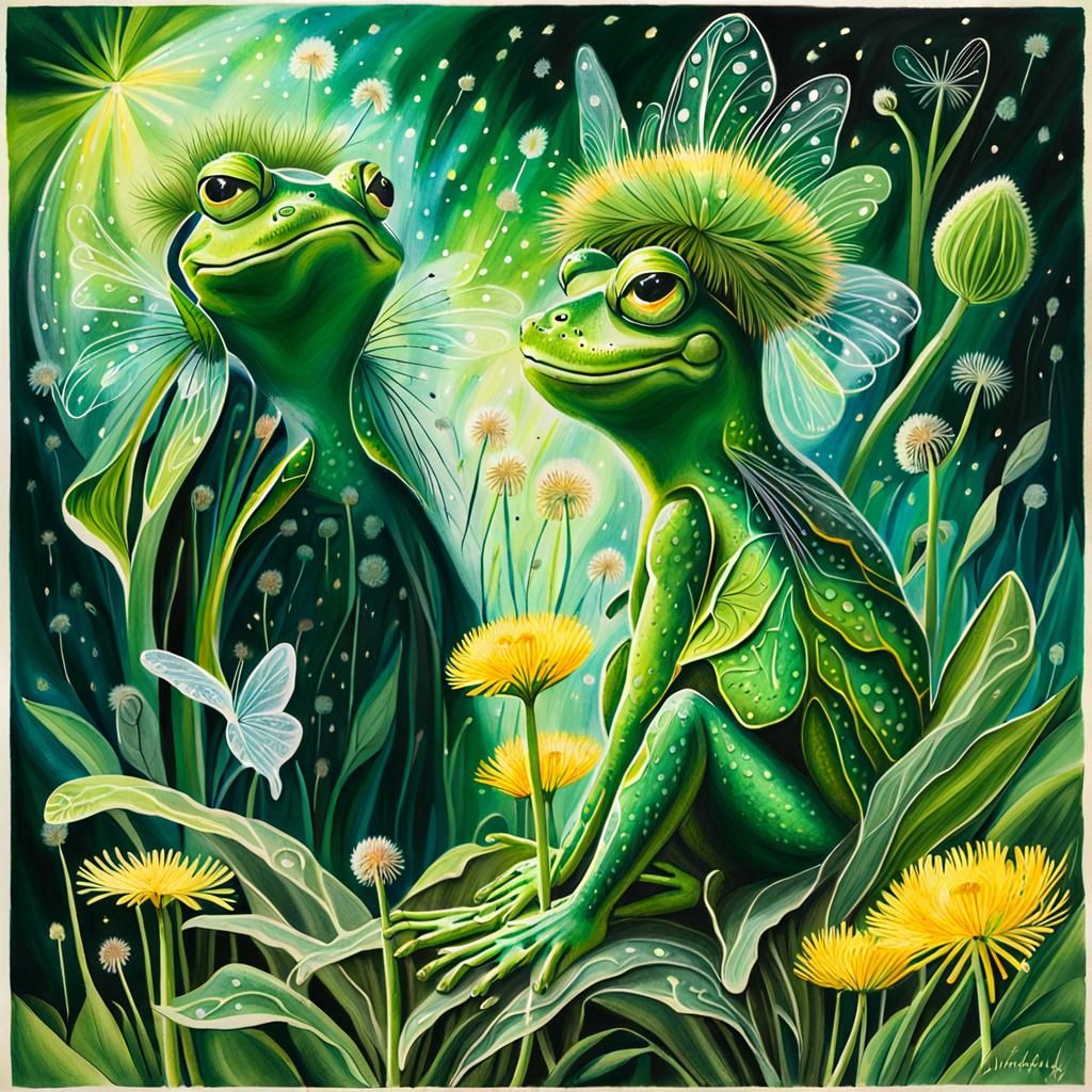 Green Frog with Fairy Wings in Crayon Art