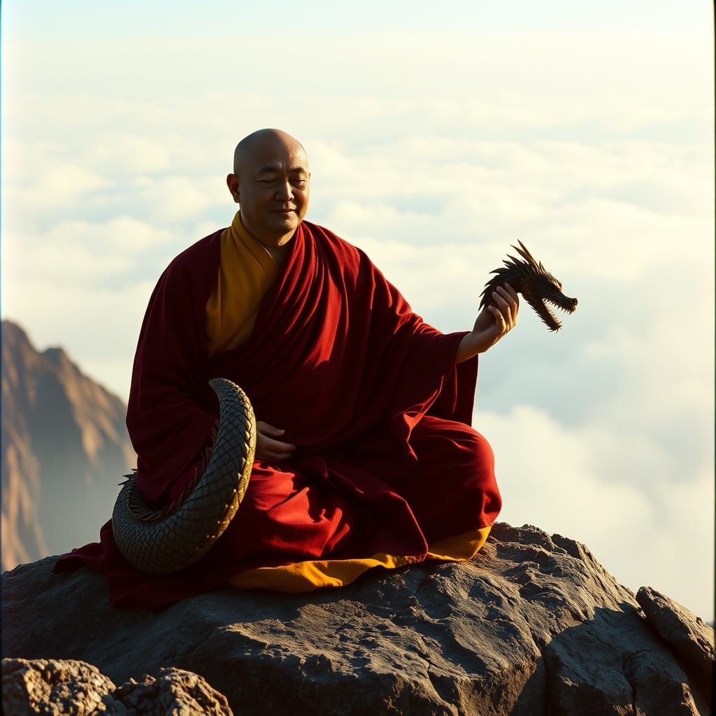Tibetan Monk in Majestic Landscape, Holding Dragon's Tail