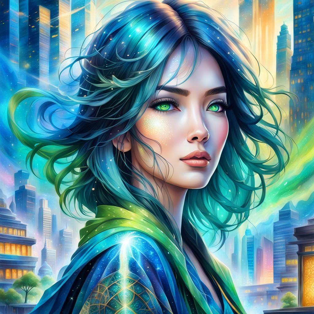 Young modern Asian woman with flaxen Black blue hair and Gre...