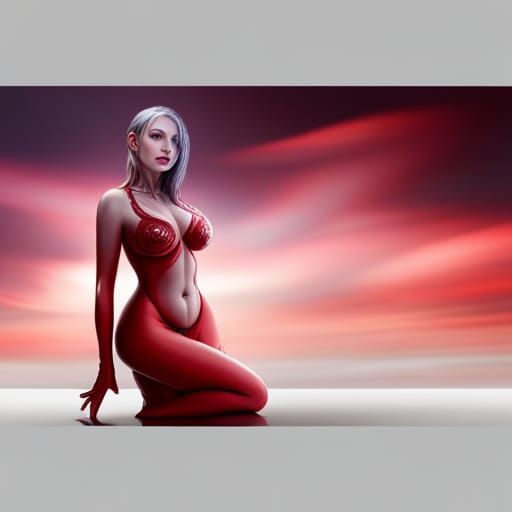 Beautiful Model in Red Dress: Fantasy Art Masterpiece