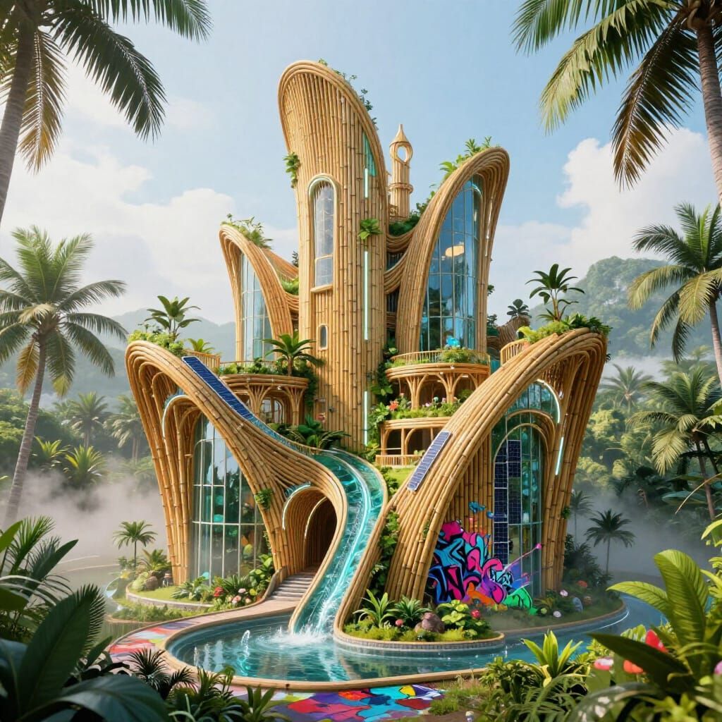 Futuristic Bamboo Eco-Castle in Lush Tropical Landscape