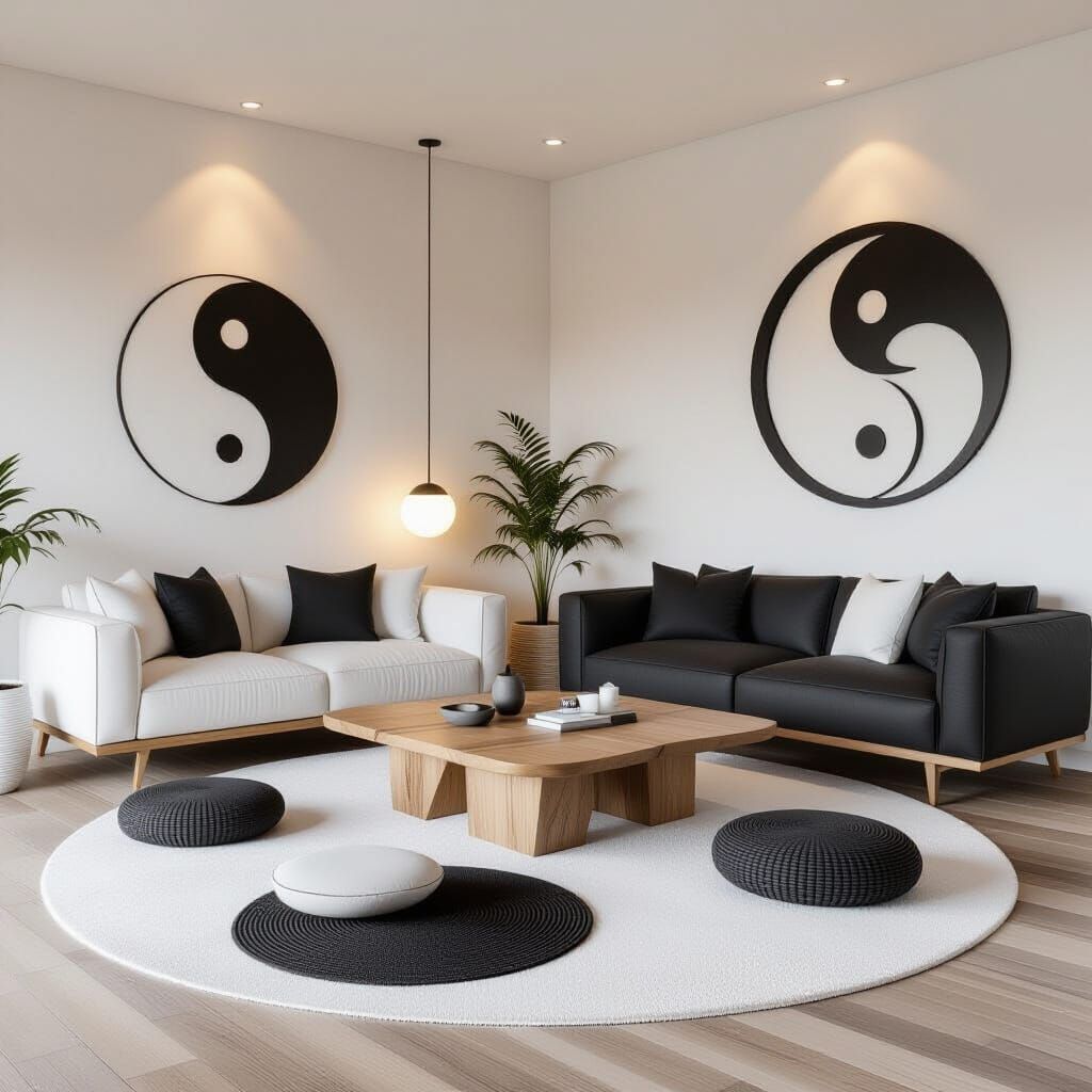 Zen Living Room Design with Contrasting Sofas