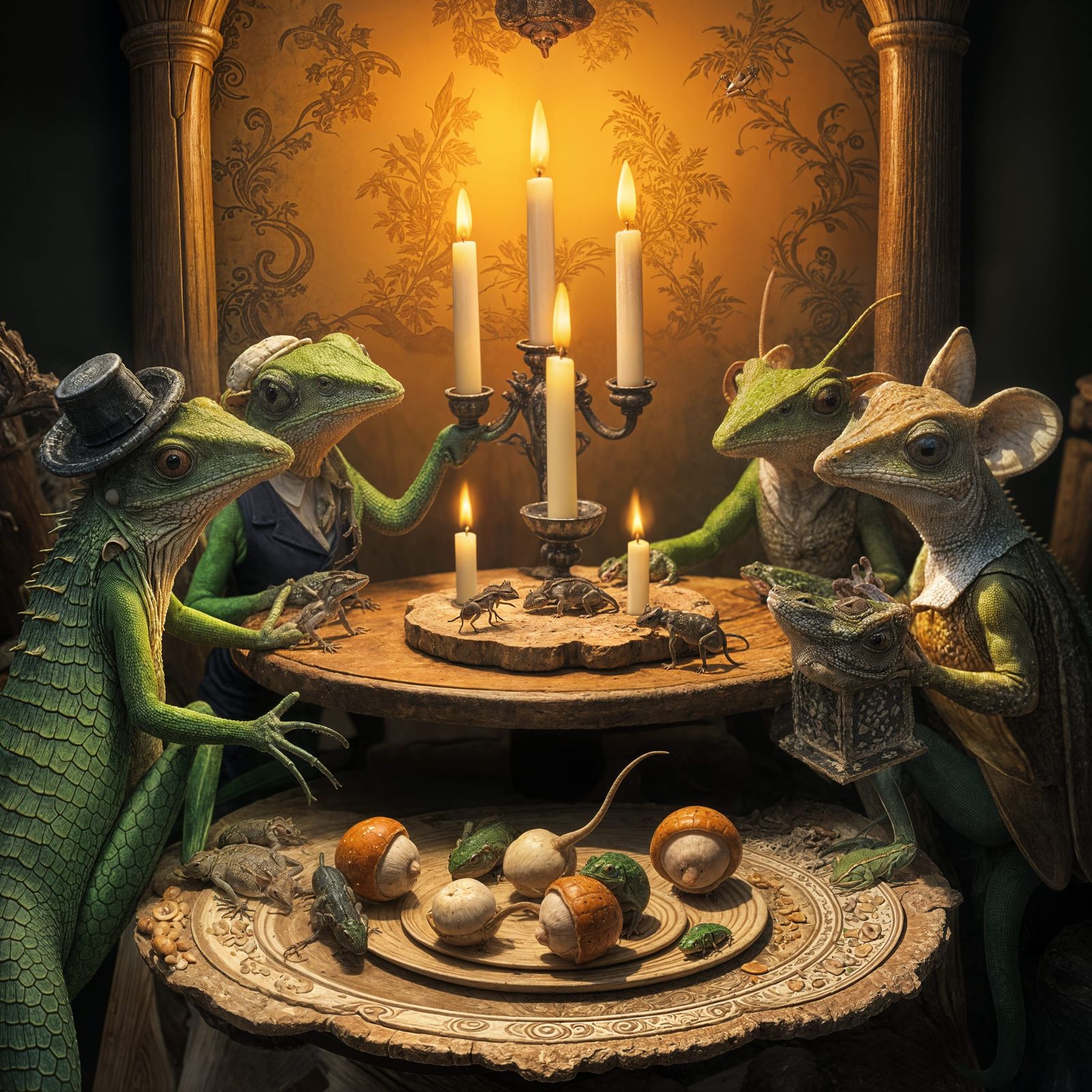 Whimsical Shabbat Gathering of Lizards, Ants, and Mice in Tr...