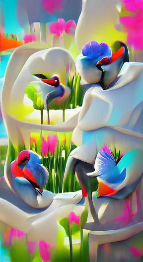 Romantic Love Birds Spring Scene in Digital Art