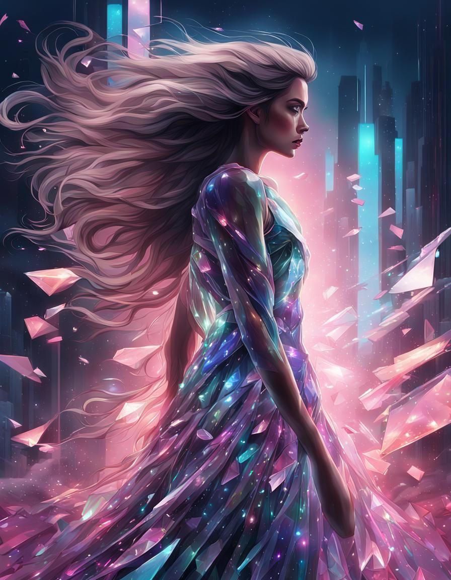 Futuristic Woman in Glass Dress with Crystal Flowers