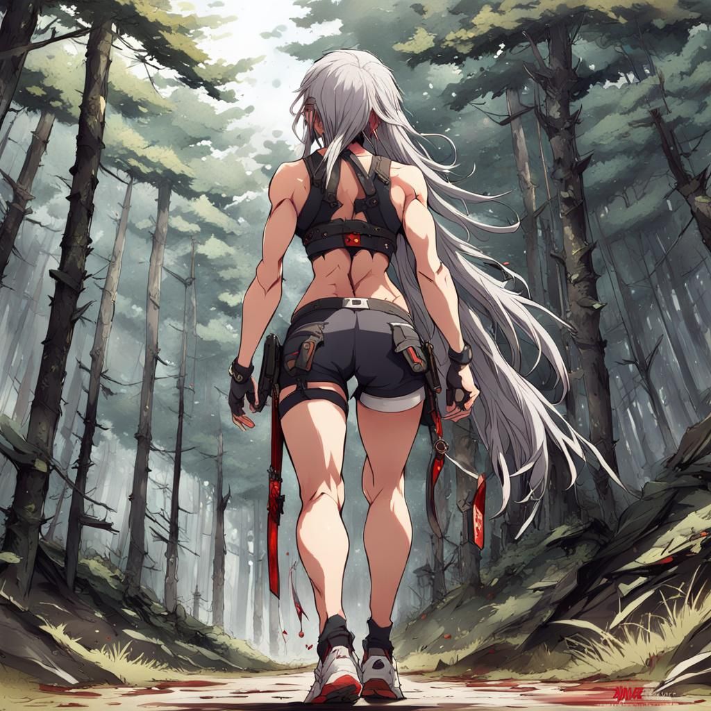 Anime Style: Muscular Woman Hiking in Forest