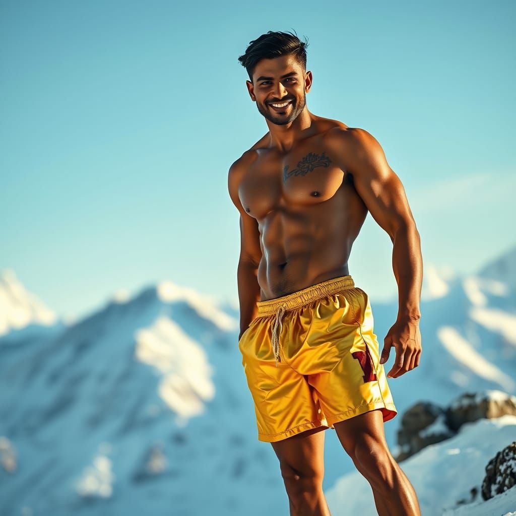 Muscular Indian Man on Snowy Mountain, Photorealistic Style