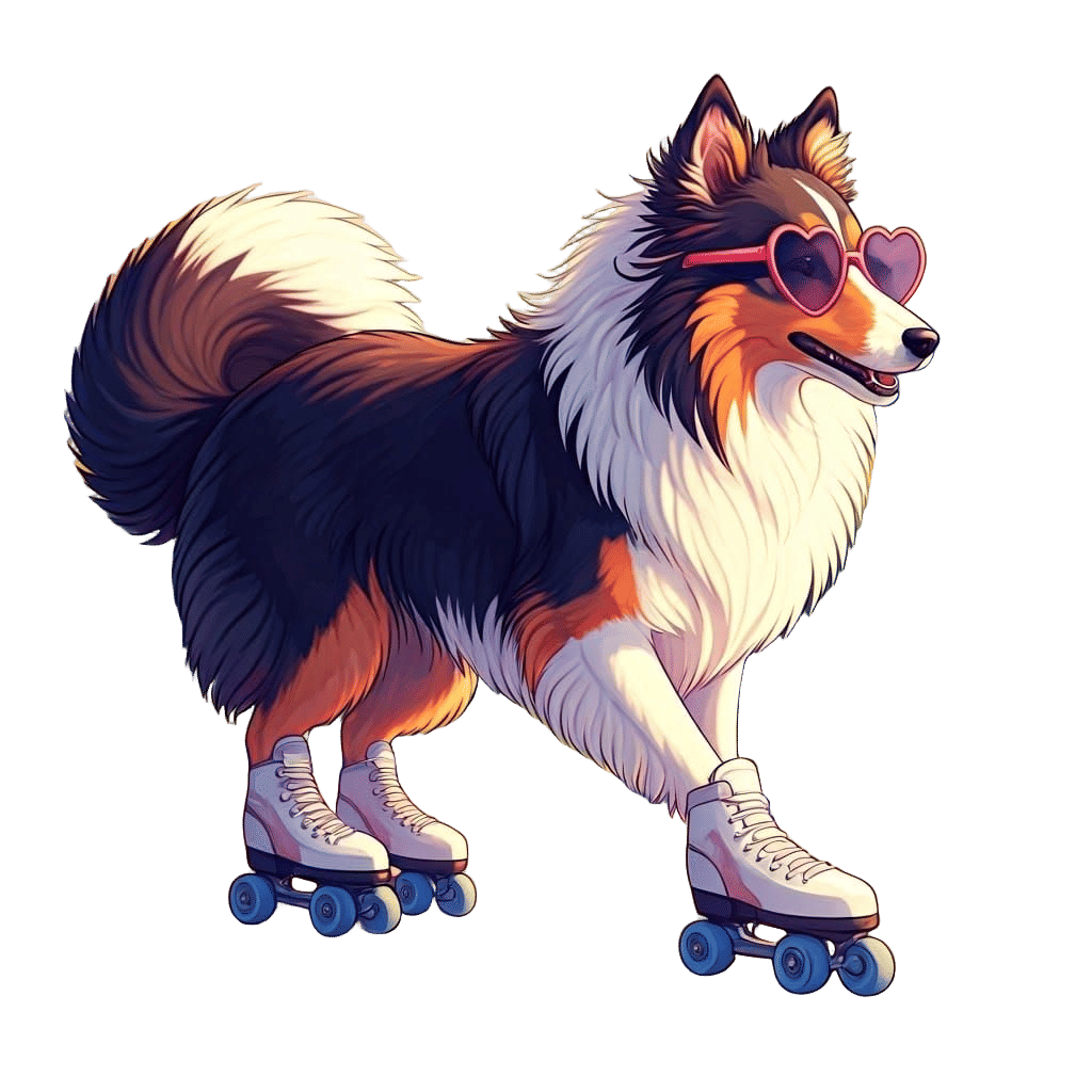 Playful Sheltie Dog in Heart-Shaped Sunglasses and Roller Sk...