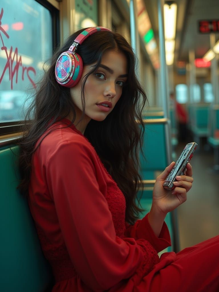Stylish Woman in 80s Subway Car, Cinematic Realism