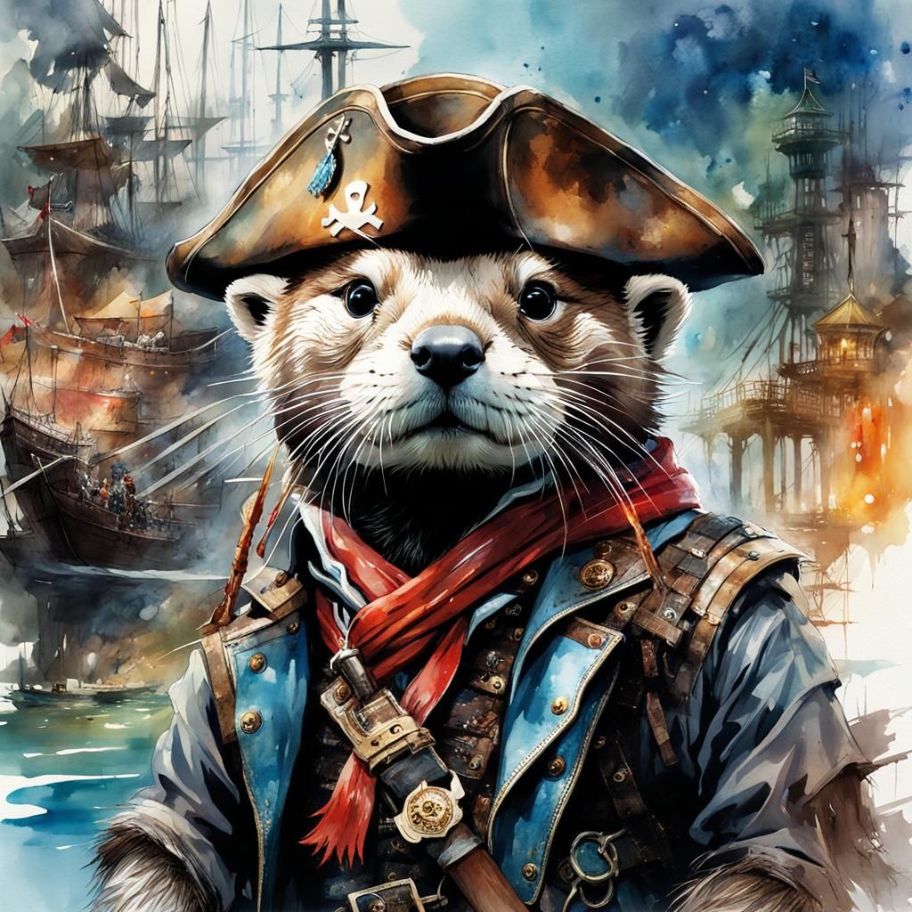 Pirate Otter in Theme Park as Watercolour Art