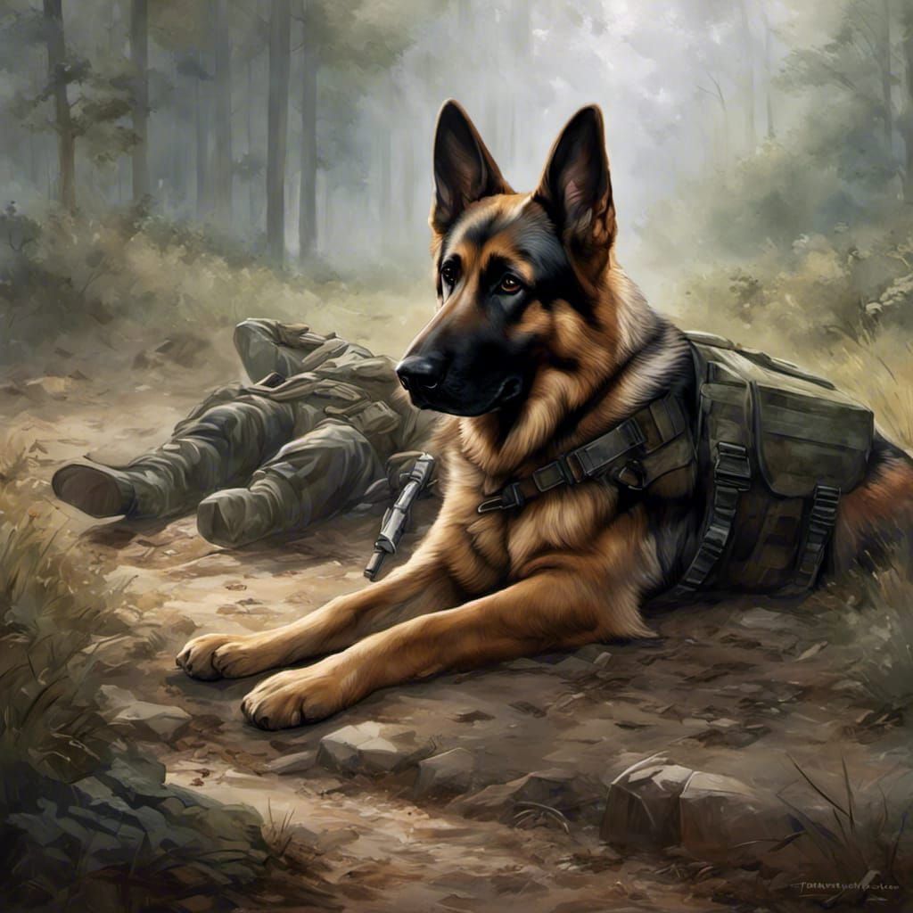 emotional image of a German Shepherd dog lying across a military graver. The translucent ghost of his human friend is kn...