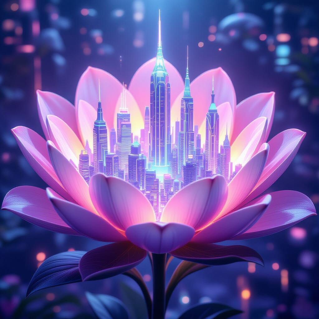 Futuristic Metropolis Blooms Inside Giant Glowing Flower