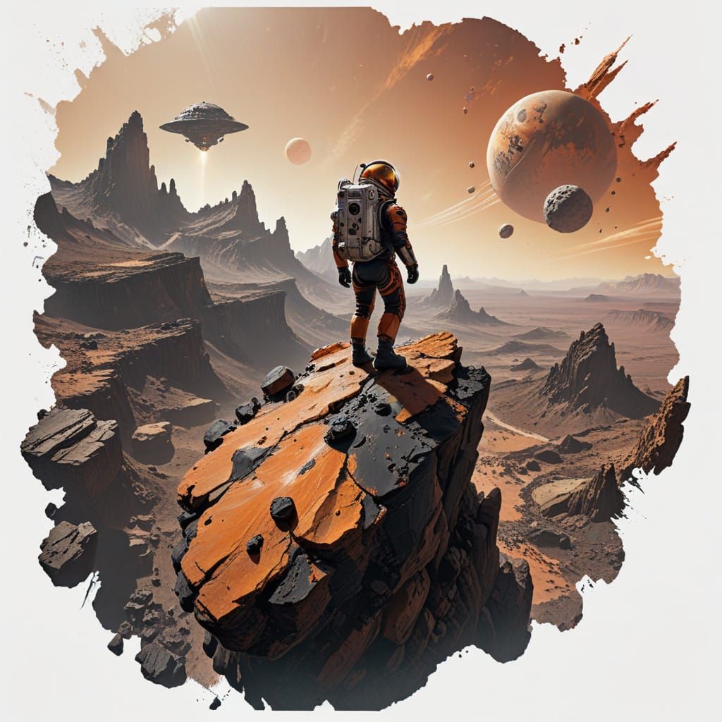 Astronaut on Cliff's Edge in a Cosmic Wasteland, Cyberpunk S...