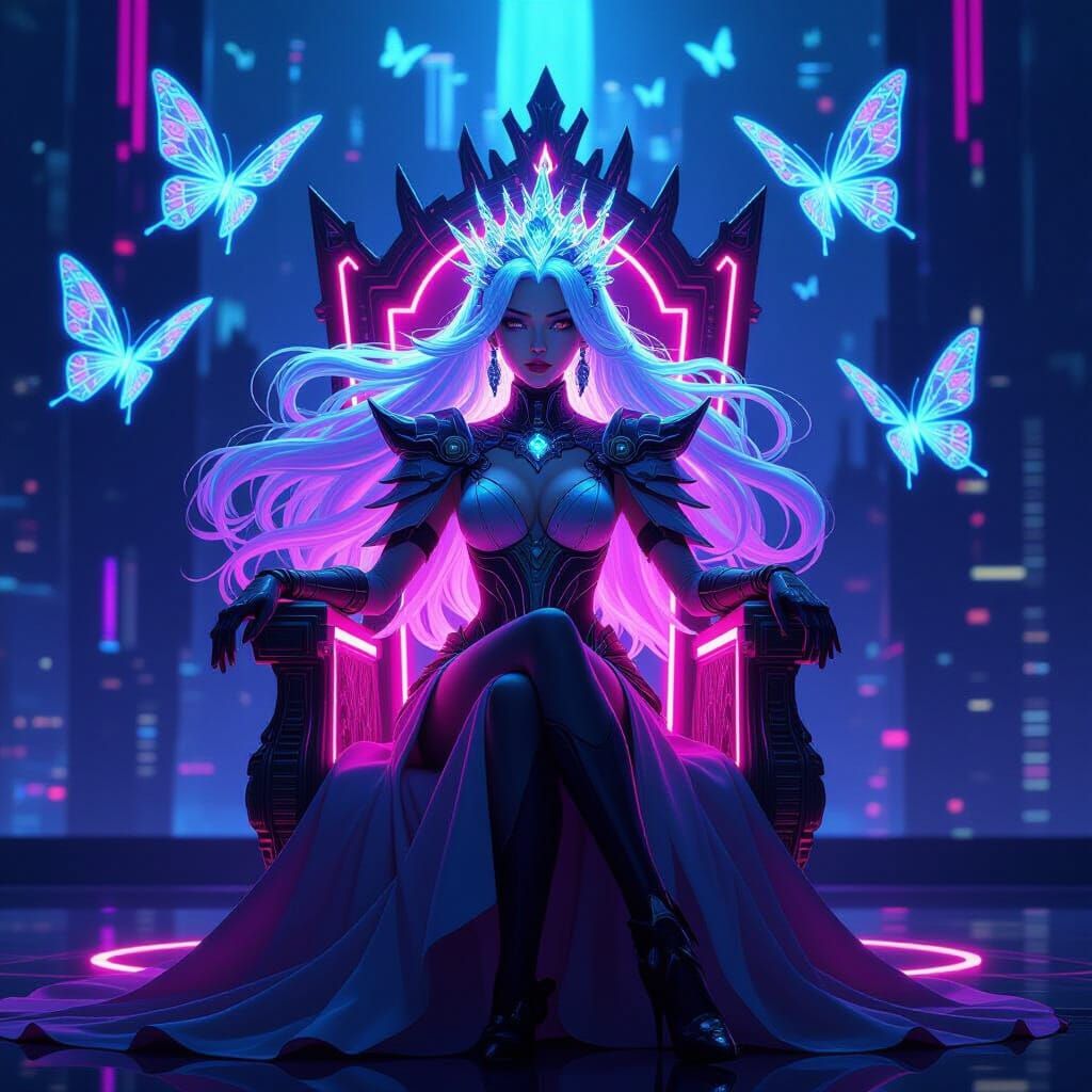 Cyberpunk Anime Queen on Neon Throne