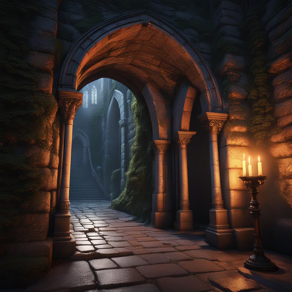 Glowing Candle in Castle Archway: Fantasy Concept Art