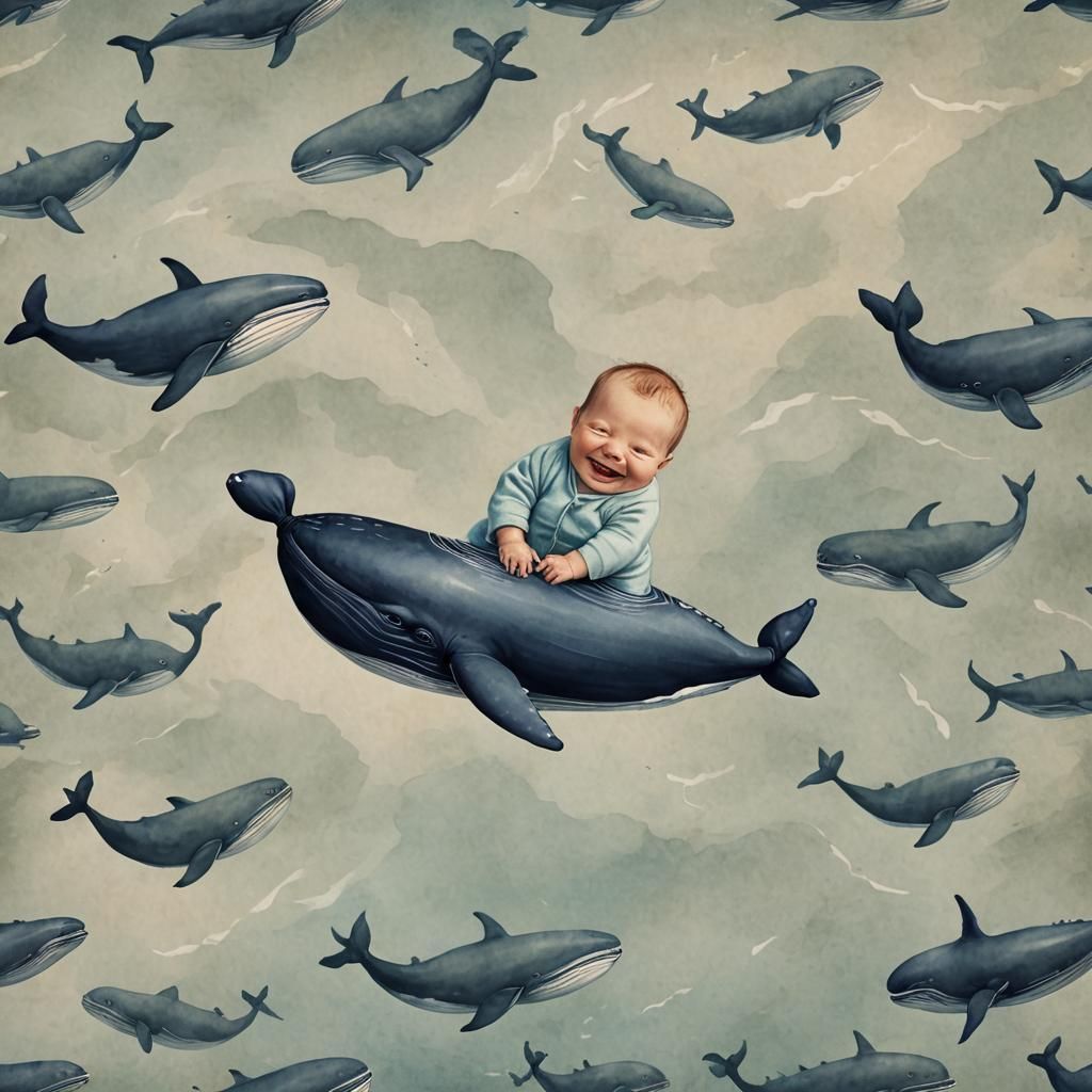 Newborn Baby Sailing on Whale in Pacific Sea