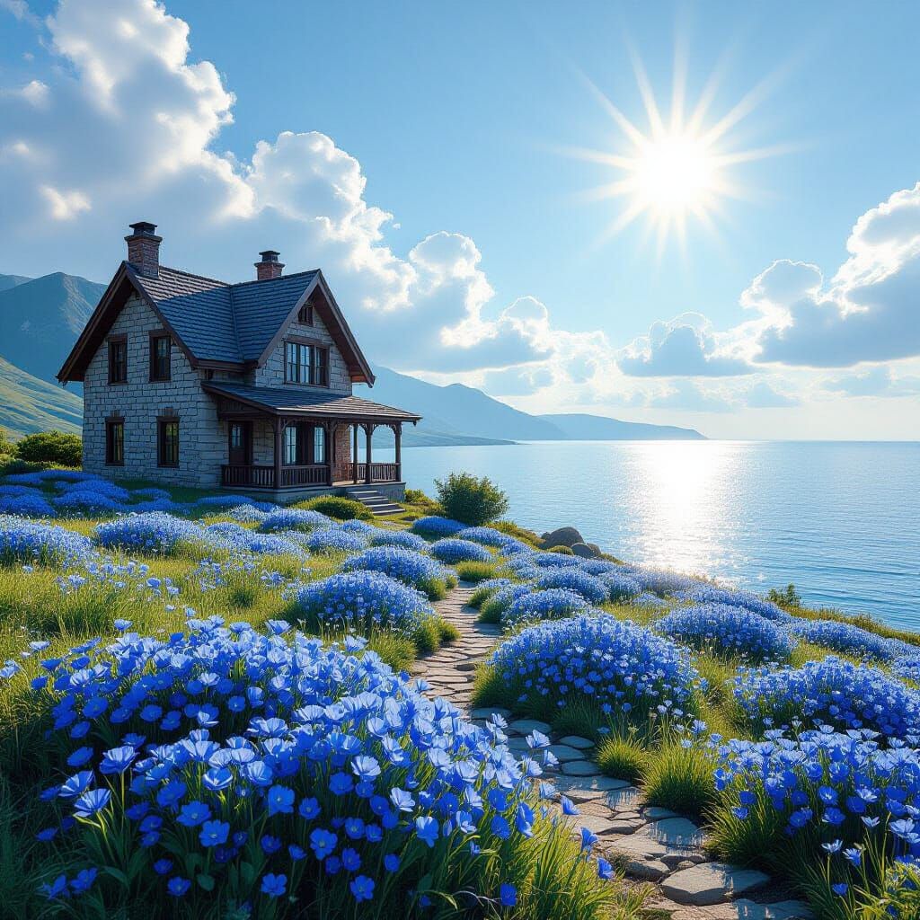 Summer Manor House by Calm Sea, Vivid Blue Flowers