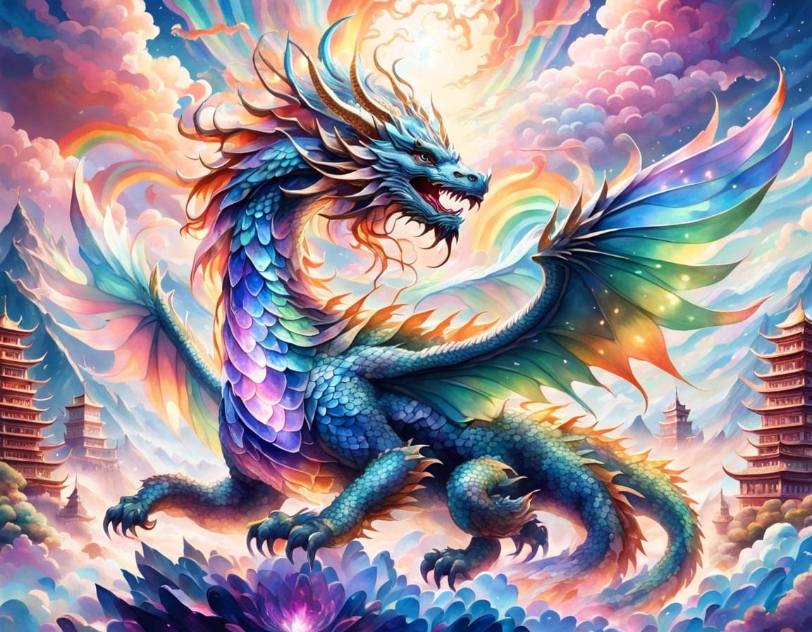 Majestic Chinese Crystal Dragon Soars Through Fantasy Clouds