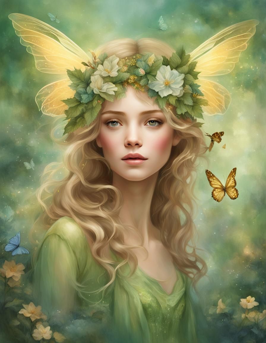 Delicate Fairy Portrait with Golden Wings