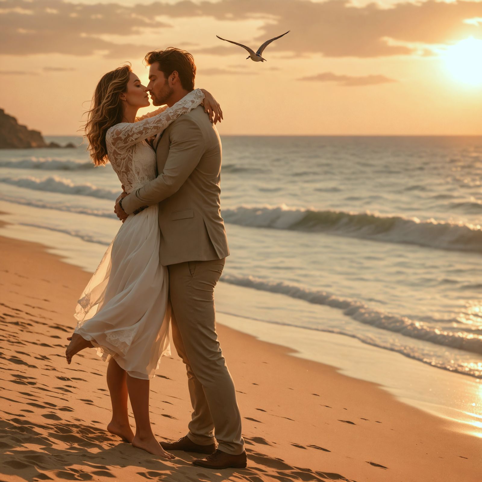 Romantic Sunset: Lovers Embrace on Sandy Beach