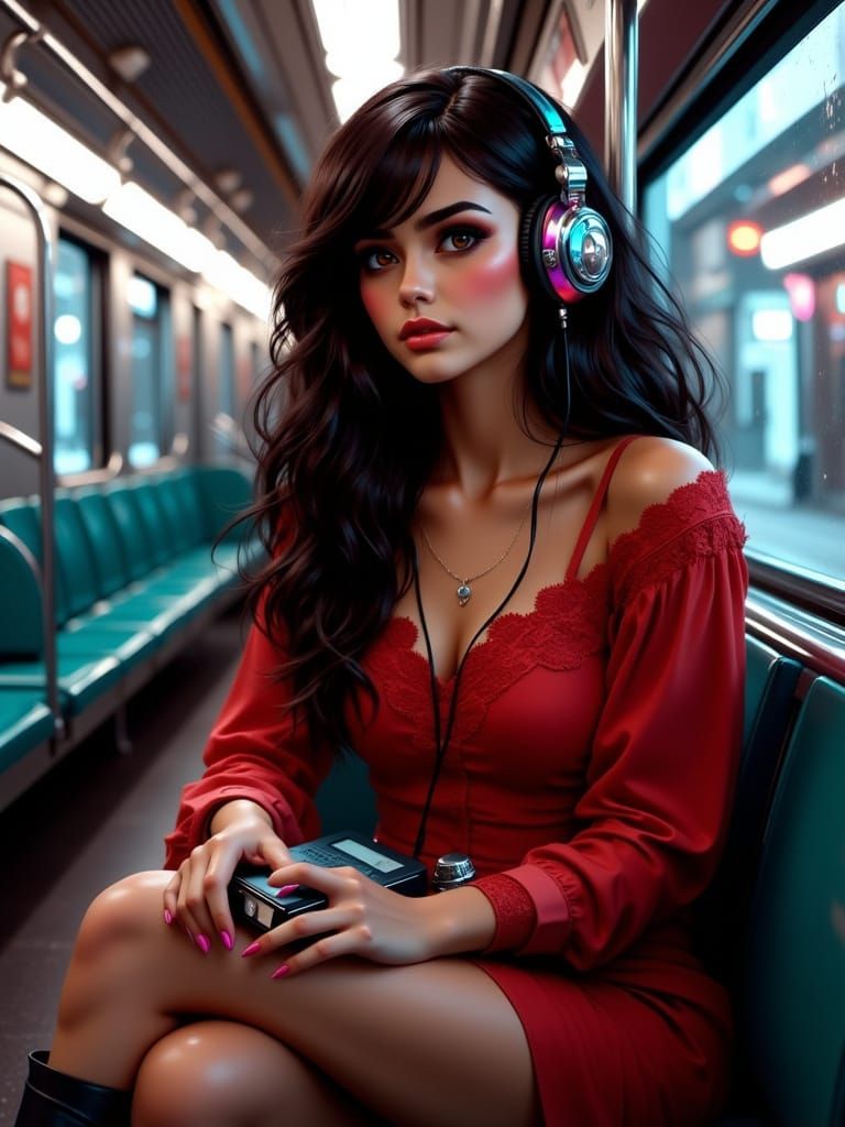 Stylish Woman in 80s Subway, Cinematic Realism Portrait