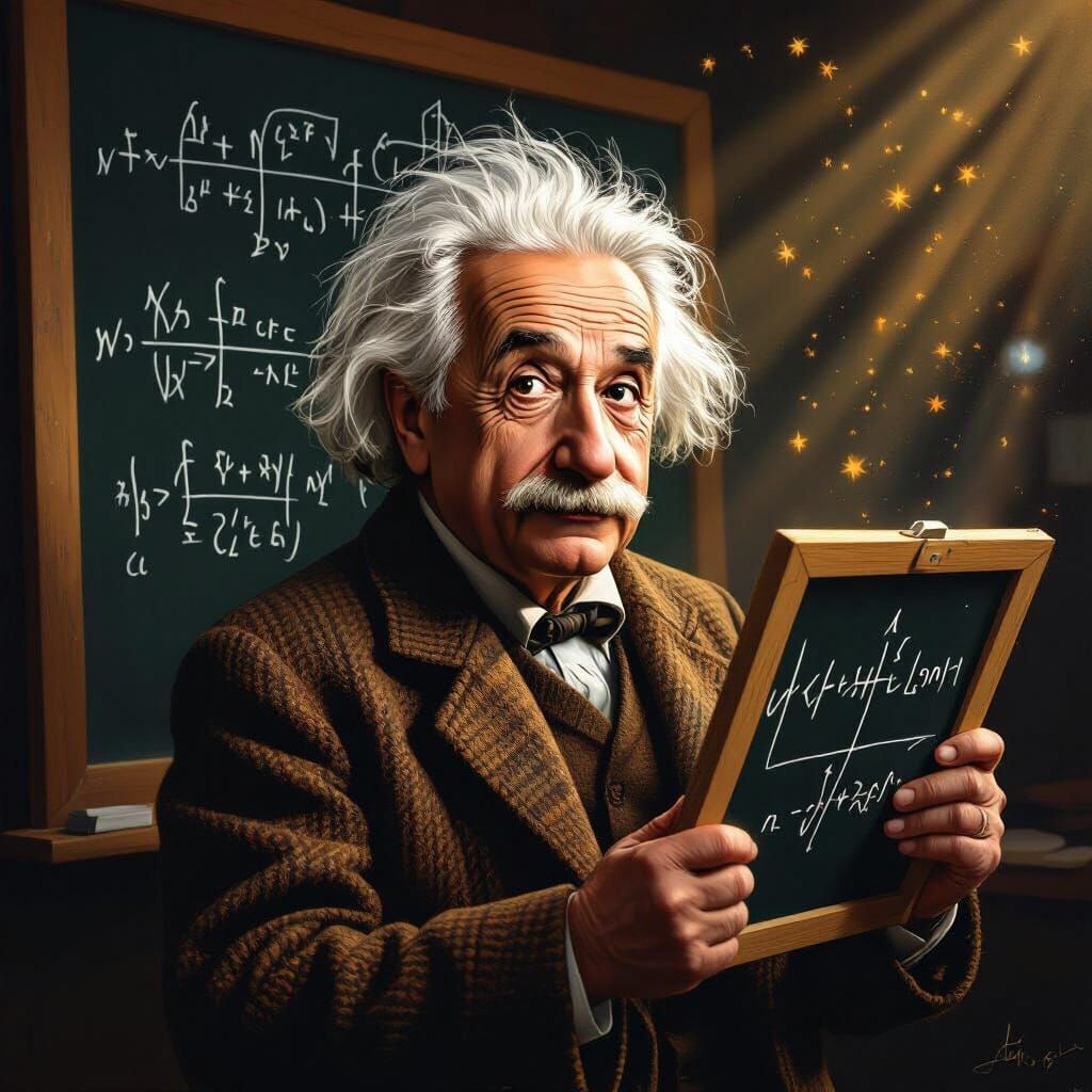 Albert Einstein with Scientific Equations in Dramatic Light