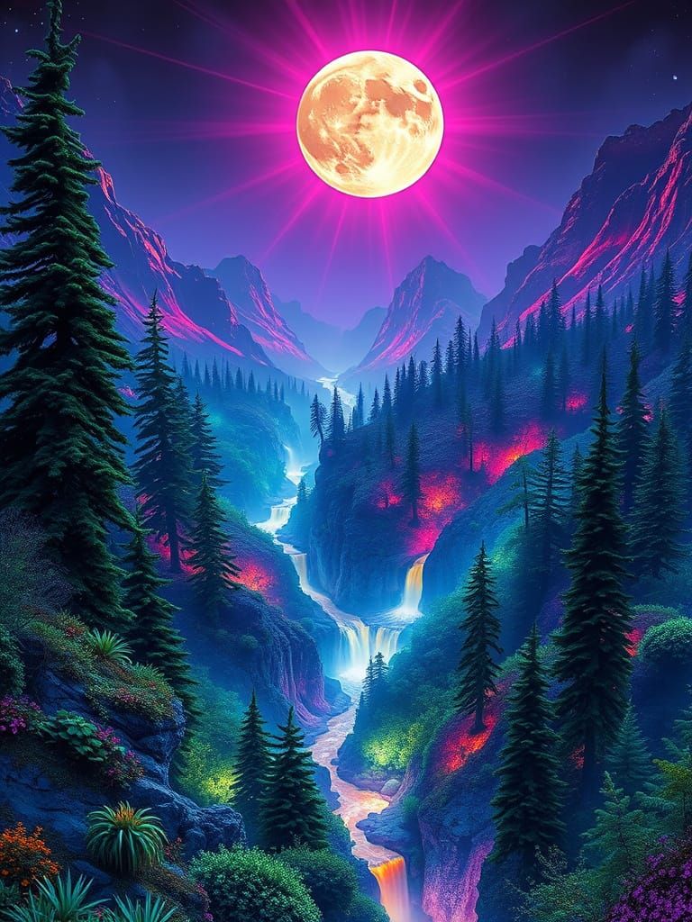 Surreal Emerald Forests Unfold Under Neon Skies