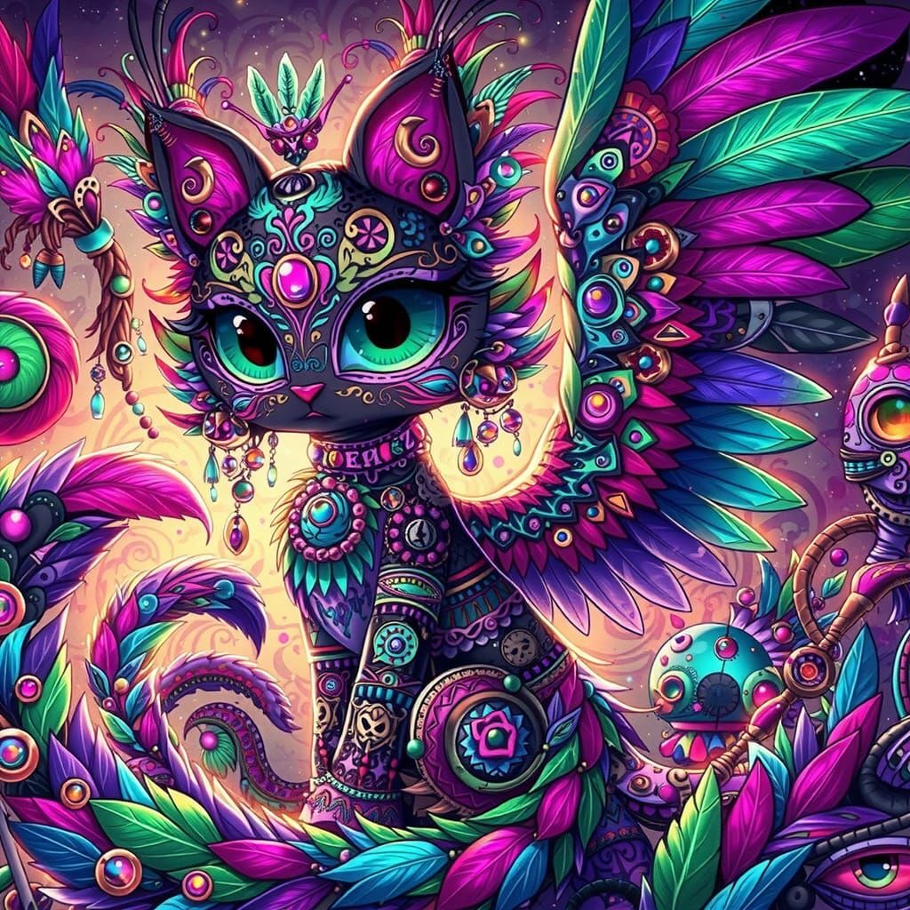 Whimsical Goth Quetzalcoatl Cat Woman in Cutecore Style