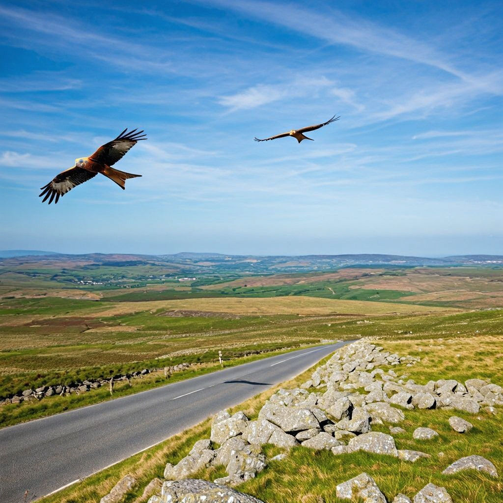 Red Kites Soaring Above Preseli Mountains Road