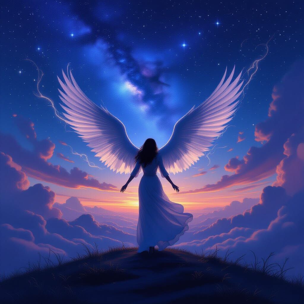 Figure Ascends into Starry Sky in Painterly Style