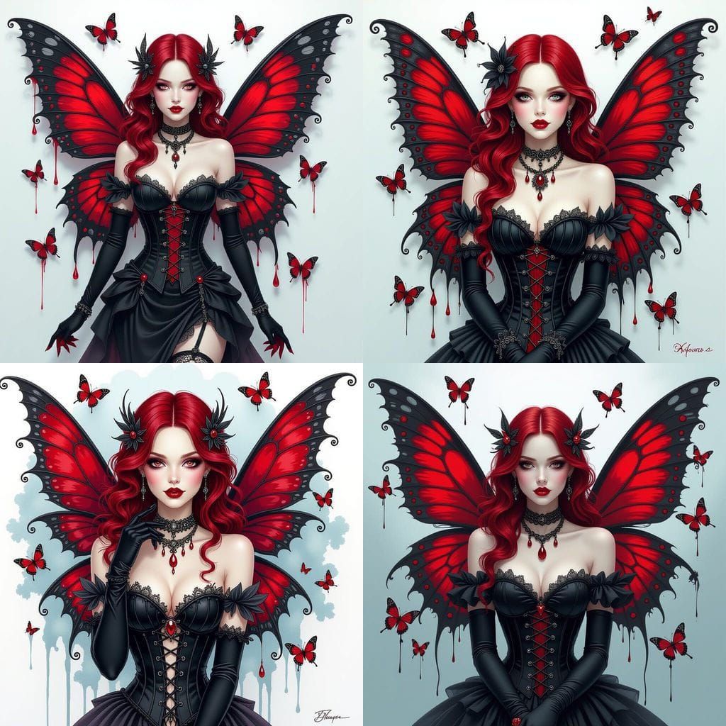 Gothic Fairy Portrait with Crimson Wings and Ruby Accents
