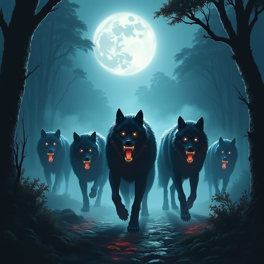 Ghostly Wolves Hunt Under Full Moon in Gothic Horror Style