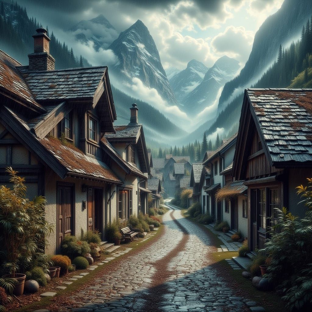 Mountain Village in Storm, Romanticism Landscape