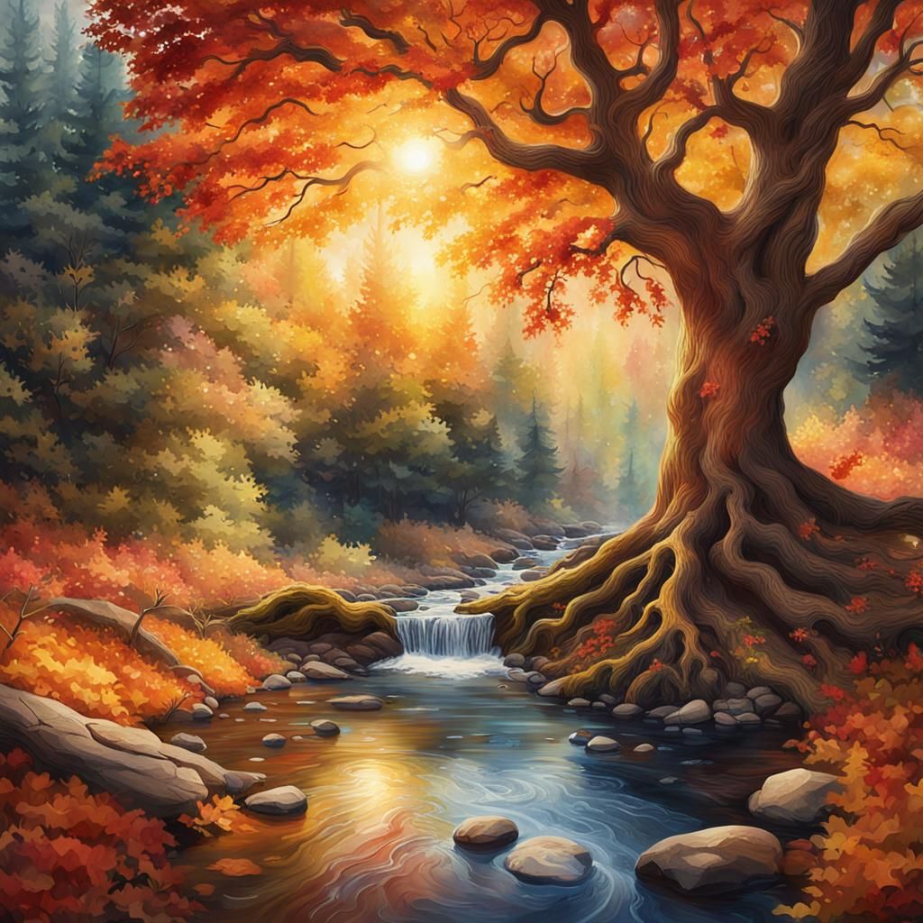 Hyperrealistic Autumnal Tree Reflected in Forest Stream
