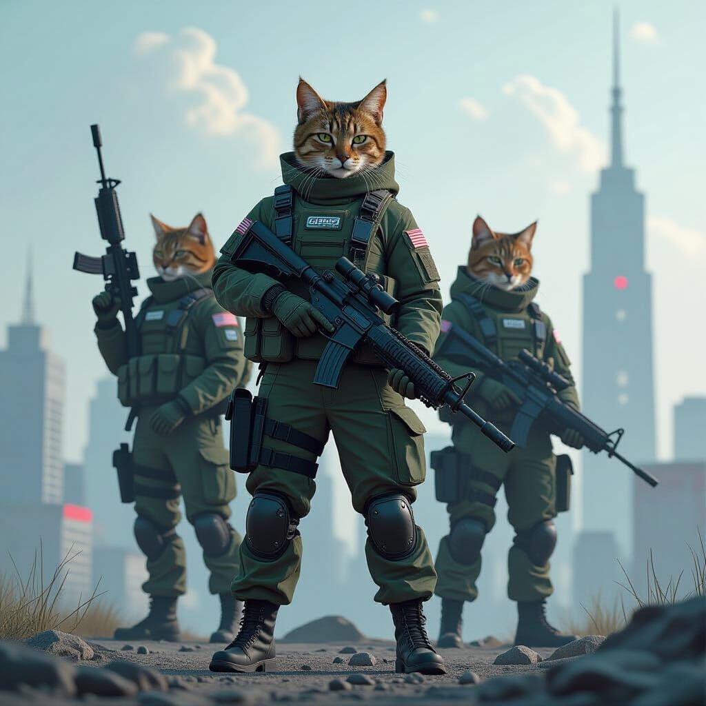Feline Soldiers Conquer Dystopian Cityscape