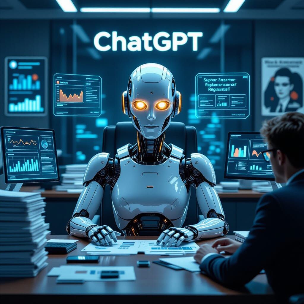 Futuristic AI Office Scene in Dark Digital Art Style